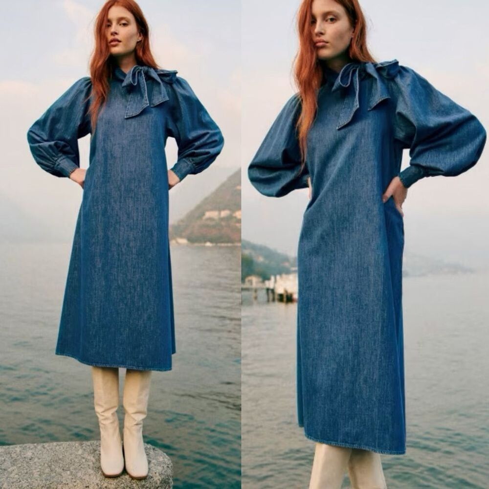 SEZANE Size 34 US 2 Taylor Denim Midi Dress Neck Bow Tie Longsleeve Dress
